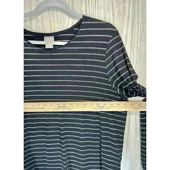 Chicos Top Sz 3/XL Black Gold Metallic Stripe Long-Sleeve Round Neck Layering - Picture 7 of 9